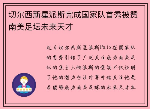 切尔西新星派斯完成国家队首秀被赞南美足坛未来天才
